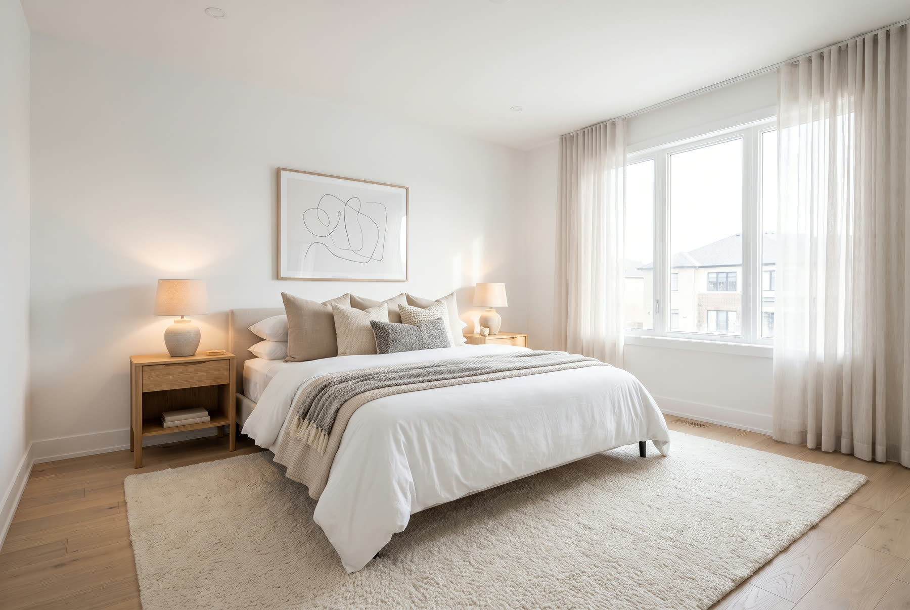 A staged bedroom with a made bed, nightstands and soft morning light.