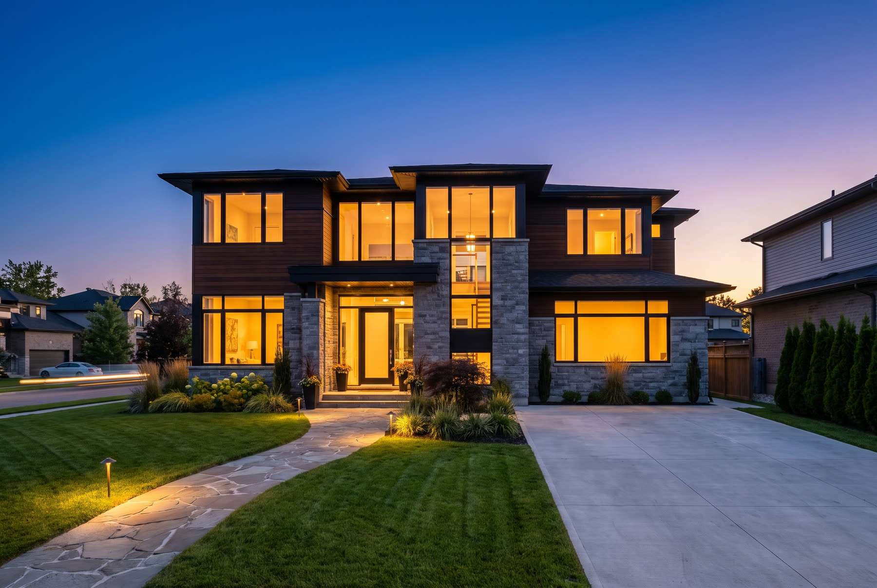 A house exterior converted to a twilight shot with lit windows.